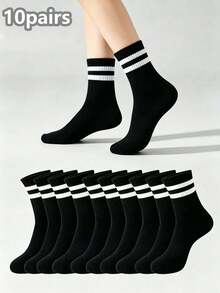 1/5/10 Pares de Meias Listradas Pretas Unissex de Cano Médio, Moda Minimalista Confortável, Adequada para Uso Diário, Combinação de Estilo Escolar, Todas as Estações - Preto - Visão 6