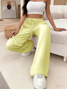 Women's Linen Palazzo Pants, Adjustable Waist With Drawstring, Side Pockets, Casual And Breathable For Vacations - 黃色 - 查看 3