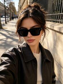 1pc European And American New Square Studded Fashion Glasses, Versatile Street Style Glasses For Women - Black Frame Black Gray Film - View 3