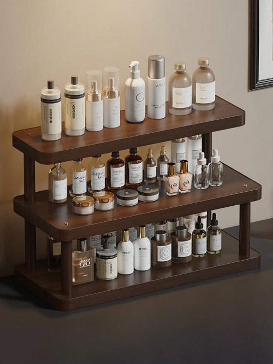 1 Estantería de madera vintage de varios niveles, soporte de exhibición creativo de 3 niveles, soporte de exhibición de perfumes y joyas, diseño único, unidad de almacenamiento para entrada o escritorio, organizador multinivel para lápiz labial, perfume y cosméticos, unidad de almacenamiento de cuidado de la piel para tocador. - Nuez - Ver 1