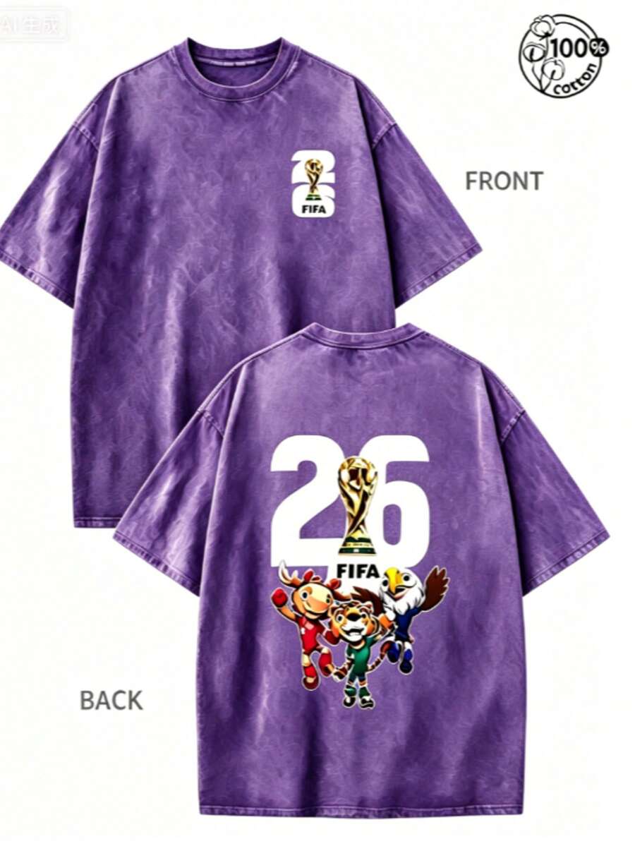 FIFA-2026 World Cup, World Cup T-Shirt, Soccer T-Shirt, Football Tee, 230G Washed High-Quality Cotton Printed Men's T-Shirt; 100% Cotton - 紫色 - 查看 1