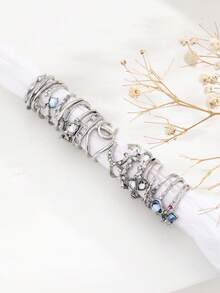 17pcs Fashion Simple Heart Butterfly Star Moon Colorful Rhinestone Ring Set For Women, Summer Beach Vacation Date Party Holiday Birthday Gift, Daily Versatile - Silver - View 4