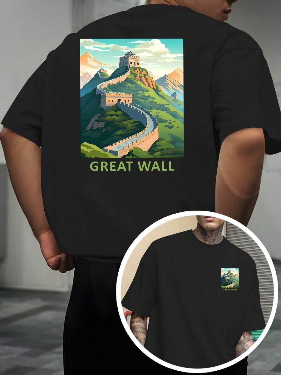 The Illustration Of The Great Wall Landscape Is Printed On Both Sides, Featuring A Traditional Chinese Style, Suitable As A Travel Souvenir And A Stylish Short-Sleeved T-Shirt - 黑色 - 查看 1