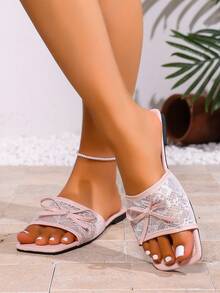 planare Nuevas sandalias planas de mujer de moda para verano, elegantes, con contraste de encaje y malla, decoración de lazo, sin cordones, punta cuadrada y abierta, color rosa claro, sandal - Rosa Pálido - Ver 6