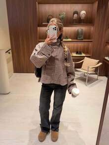 女款格紋高領夾克，優雅鈕扣前襟冬季上衣，休閒寬鬆秋季外套 - 紅棕色 - 查看 3