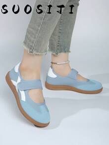 2026 Neue flache Große Größen 36-41 Damen Klettverschluss Studenten Sport Casual Mode weiße Sneaker deutsche Trainingsschuhe - Blau - Übersicht 4