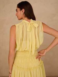 Vestido de gasa plisado sin mangas con cuello mao y espalda descubierta de unicolor - Rosa Pálido - Ver 3