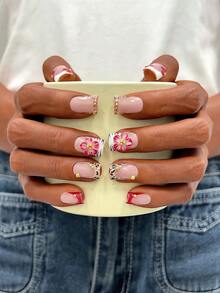 10pcs/Set Y2K Nails Handmade, Cute Nails, Pink Nails, Red French Tip Nails, Handmade 3D Red Flowers Nails Art, Perfect For Parties & Daily Wear. Short Square Nails. Handmade Press On Nails Square, Fake Nails, Acrylic Nails, Short Nails, Leopard Nails - Multicolor - View 2