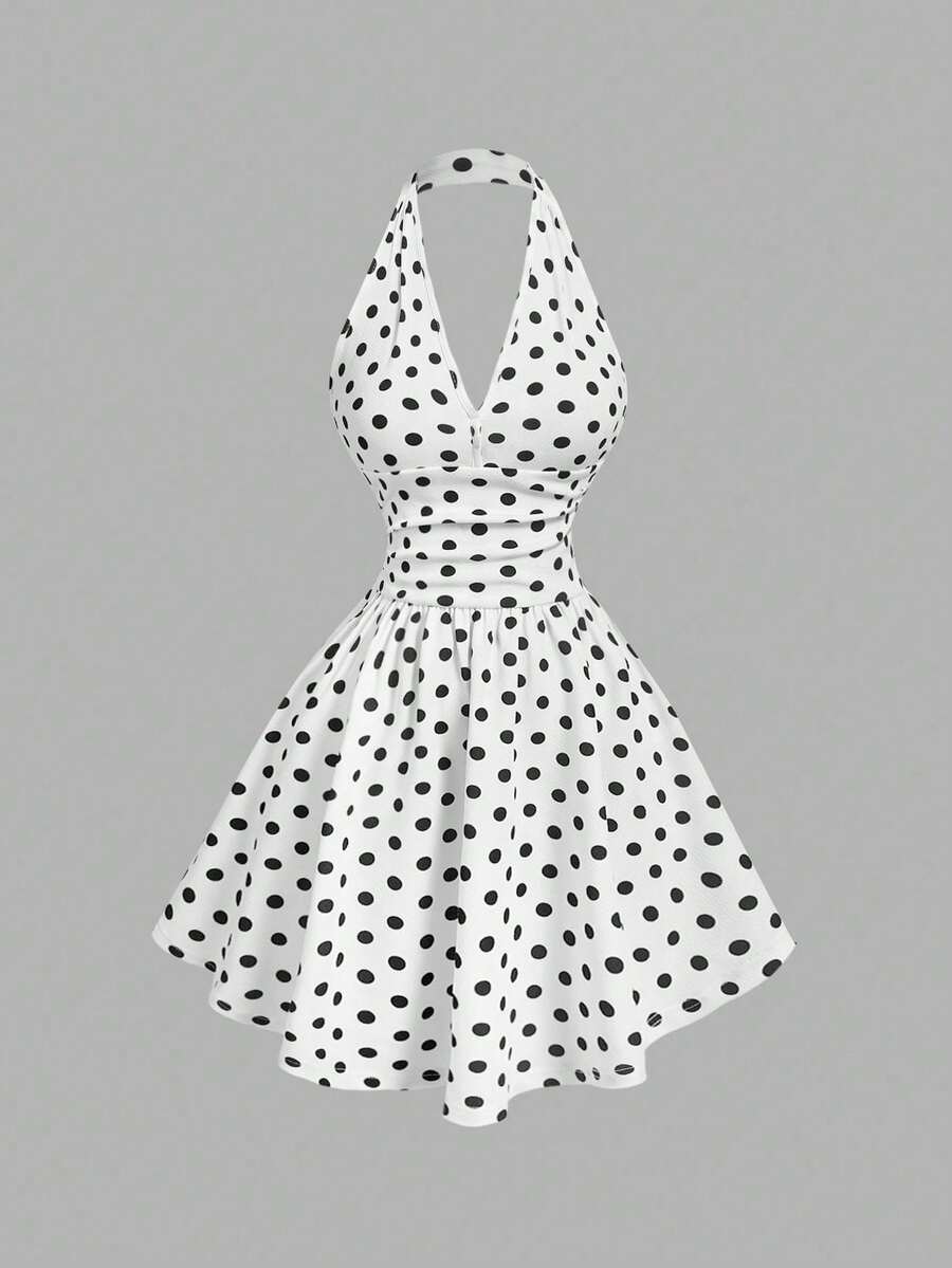 de mujer con cuello halter, cintura fruncida y estampado de cerezas - Blanco - Ver 1