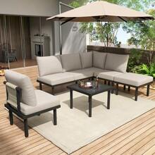 Set Of 6 Garden Lounge Chairs With Galvanized Iron Frame, Beige Braided Rope, Adjustable Feet And Smooth Glass Top. Seat And Back Cushions Included. - Beige - View 4