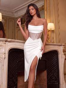 ADYCE Elegant Strapless Ruched Mesh Patchwork Boned High Waist Slit Backless Lace-Up Midi Ball Gown - White - View 6