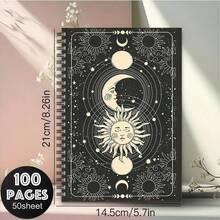 1本神秘女巫螺旋筆記本 - 天空太陽月亮星星設計，黑金魔法封面，100頁附索引標籤，適合日記、旅行、學校和辦公室使用，精巧女巫主題禮物 (威卡占星術日誌) - A5 - 查看 3