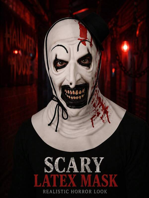 1pc Halloween Scary Clown Latex Full Head Mask With Mini Hat, Adult Horror Full Face Costume Headgear, Party Cosplay Haunted House Prop