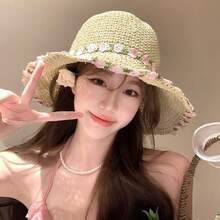 女款夏季防曬手工編織草帽，戶外度假海灘遮陽可折疊水桶帽 - 彩色 - 查看 5
