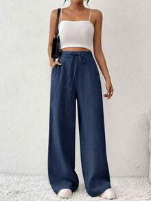 Women's Linen Palazzo Pants, Adjustable Waist With Drawstring, Side Pockets, Casual And Breathable For Vacations - biru laut - View 1