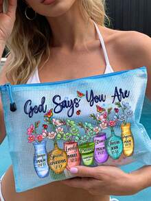 A4 多色時尚網格沙灘包，PVC 化妝包與化妝盒，印有「God Says You Are」花卉圖案，沙灘主題。大容量透明化妝包，尼龍拉鍊盥洗包，輕量，可收納防曬乳、零食、比基尼與沙灘必需品。返校季、教師感謝、教師節禮物。 - 彩色 - 查看 5