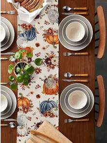 Fall Thanksgiving Orange Blue Pumpkins Floral Botanical Table Runner Holiday Party Decor Reusable Kitchen Dining Table Runner For Coffee Tables,Wedding Party,Autumn Decorations - Multicolor - View 4