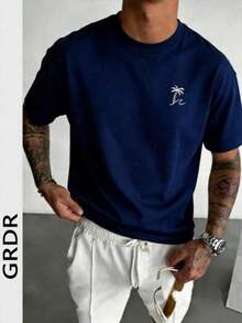 GRDR Men's Round Neck Fashionable Palm Tree Printed Short Sleeve T-Shirt, Casual - Navy Blue - View 3