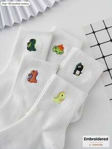 1/5雙卡通恐龍刺繡中筒女襪，春夏款，純色，多功能運動休閒襪，簡約白色日常通勤基本襪，情侶款，學院風短襪 - 彩色 - 查看 3