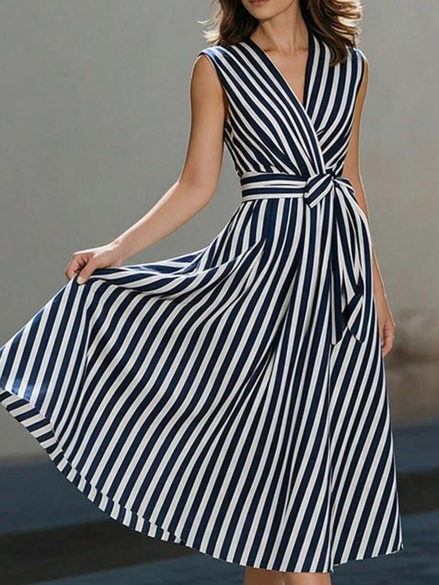 Vestido rayado azul blanco sin mangas escote V cinturado cordón falda amplia estilizado 2026 - Azul - Ver 1