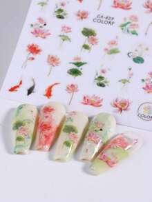4張中式風格美甲貼紙，水墨畫蓮花鶴鯉魚鹿喜鵲美甲貼花，東方傳統圖案自黏式美甲裝飾 - 彩色 - 查看 6