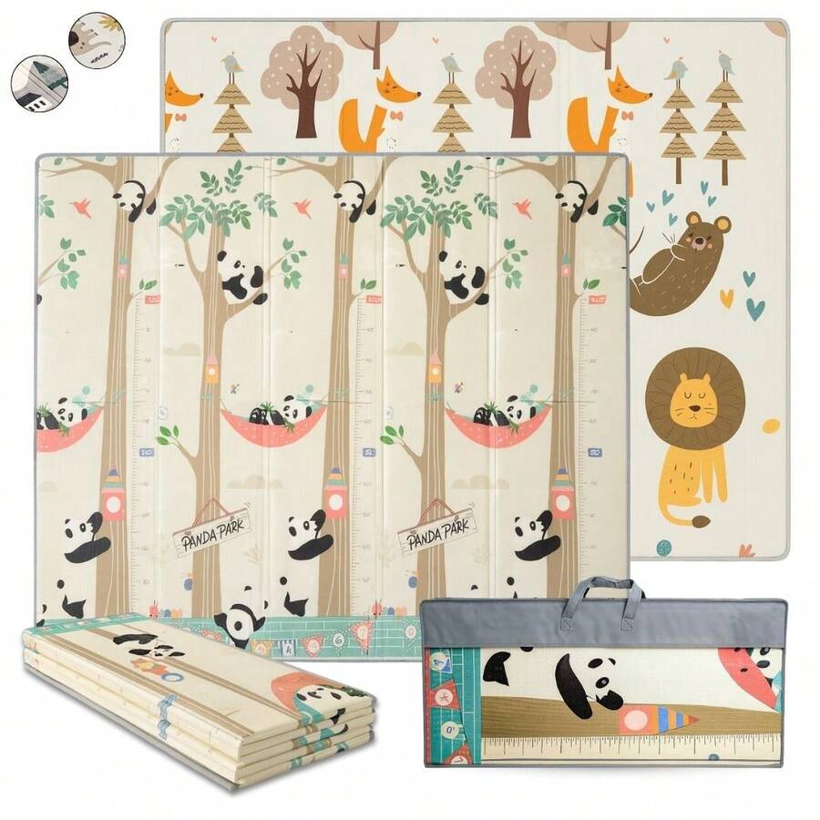 BATHBY Alfombra de Bebé, Plegable, Impermeable, Acolchada 1 cm, Reversible, Diseño Educativo con Números y Abecedario, para Gatear y Jugar - Bosque/Pandas - Ver 1