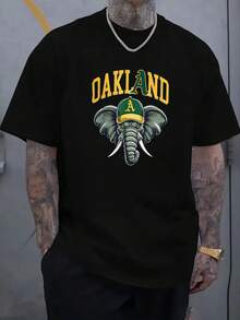 Nueva camiseta casual de verano para hombre, de manga corta y cuello redondo, con estampado de elefante de Oakland, adecuada para actividades al aire libre, camiseta estampada de verano para - Negro - Ver 1