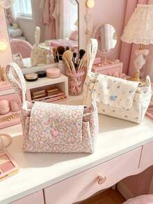 1 buah Tas Kosmetik Tiga Lapis, Tas Tangan Kosmetik Portabel, Kantong Penyimpanan Kamera Kapasitas Besar, Kantong Clutch Motif Bunga Kecil, Tas Rias Perjalanan dengan Pegangan - MultiWarna - View 3