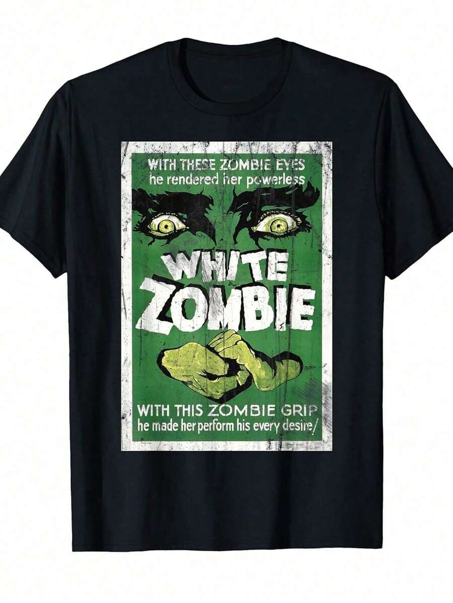 Men's Vintage White Zombie Movie Graphic T-Shirt - Retro Black Horror T-Shirt With Eye Design And White Zombie Text, Loose Fit, Short Sleeve, Casual - 黑色 - 查看 1