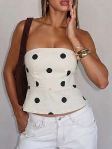 Top ajustado de mujer de estilo vintage y retro con lunares, casual de verano - Albaricoque 2 - Ver 1
