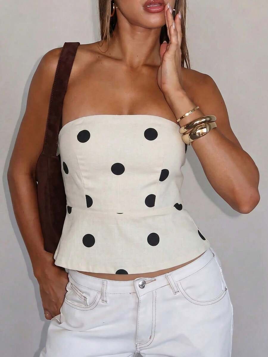 Top ajustado de mujer de estilo vintage y retro con lunares, casual de verano - Albaricoque 2 - Ver 1