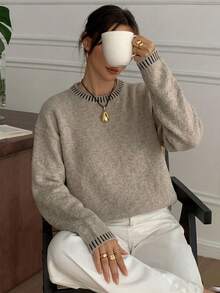 Women's Casual Spring/Autumn , Knit Round Neck Contrast Color Loose Versatile Sweater, Suitable For Commuting And Dating - Khaki - View 6