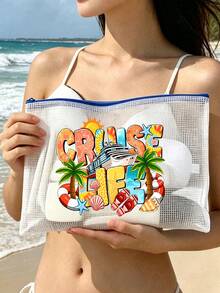防水時尚沙灘包，印有「CRUISE LIFE」棕櫚樹圖案，輕便多功能收納包，大容量透明化妝包配尼龍拉鍊，網格便攜式化妝包，適合春夏收納，耐用，適合游泳、沙灘、潛水和夏季度假，適合朋友、家人、閨蜜、同學。適合生日、節日、派對、母親節、教師節禮物和紀念品。 - 彩色 - 查看 4