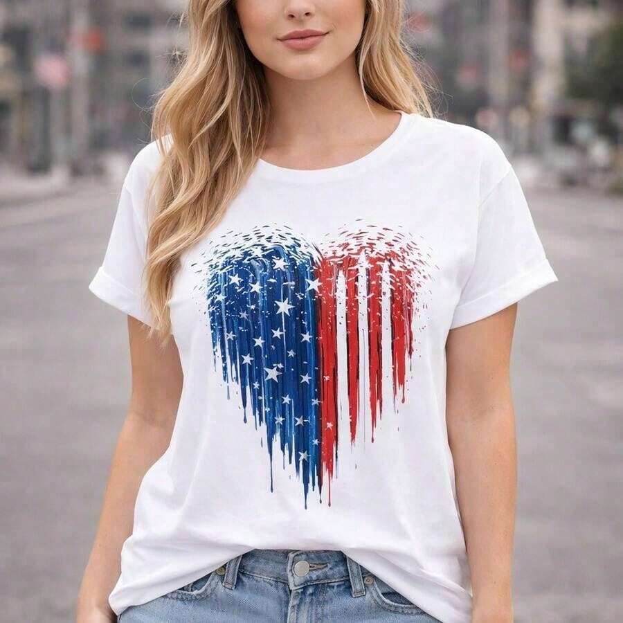 Camiseta de talla grande para mujer con estampado de bandera y corazón del Día de la Independencia de Estados Unidos, de corte holgado y manga corta, top casual patriótico de verano, conjunt - Blanco - Ver 1