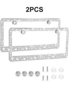 2pcs/1pc Shiny Rhinestone License Plate Frame - Sparkling Crystal Inlaid Stainless Steel, Shiny Screw Caps, Long-Lasting Shine, Unobstructed Design, Fashionable Diamond Car Accessories, Unisex - Style a - View 15