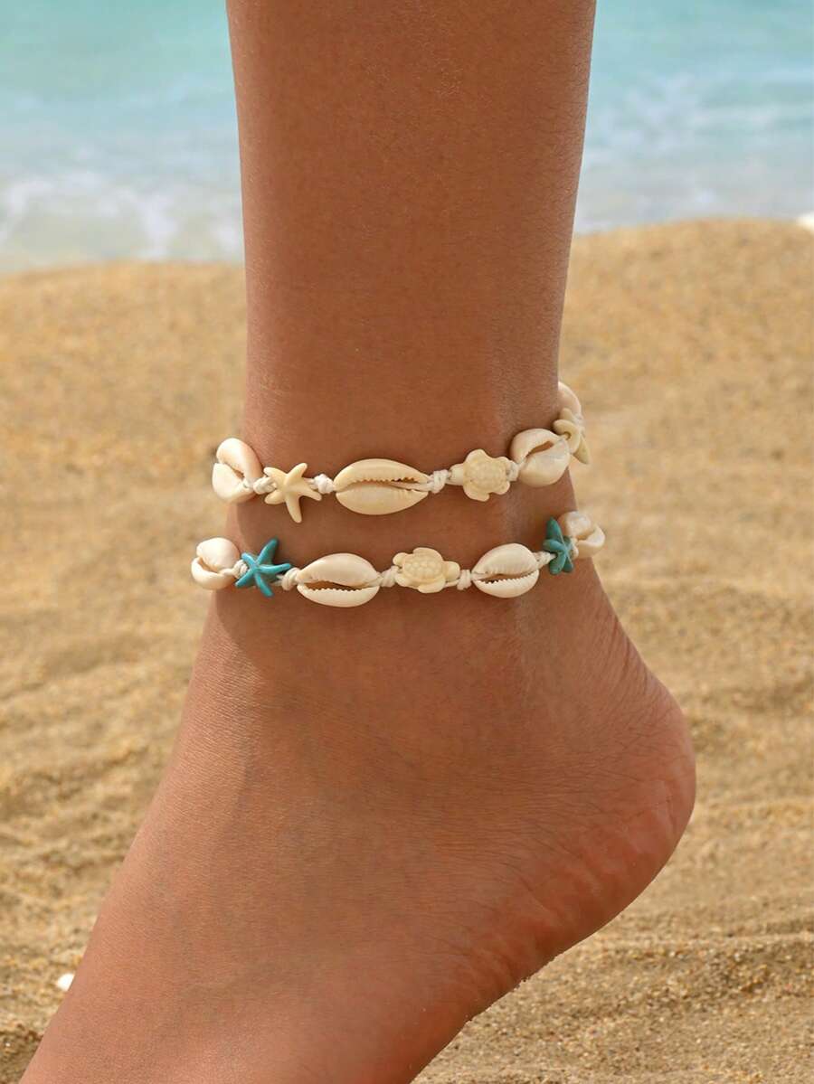 2pcs/Set Gelang Kaki Tali Kepang Dekoratif Berlapis Motif Kura-kura dan Bintang Laut Gaya Liburan Pantai yang Modis untuk Wanita, Cocok untuk Pemakaian Sehari-hari, Liburan Musim Panas, Pesta Pantai, Festival Musik - MultiWarna - View 1