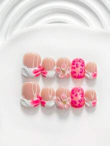 10pcs Sweet Style Handmade Press-On Nails, Polygel Nail Art Set, Five-Petal Flower Design, Pink And White Color, Fresh Style, Includes Nail Tools, 3 Sizes Available: Square, Short Square, Almond, Suitable For Party, Dancing, Daily Wear - Multicolor - View 12