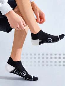 6 Pairs Men's Color Block Sports Short Socks, Minimalist Square Grid Pattern Design, Anti-Slip Heel Tab Ball Sports Socks - Multicolor - View 2