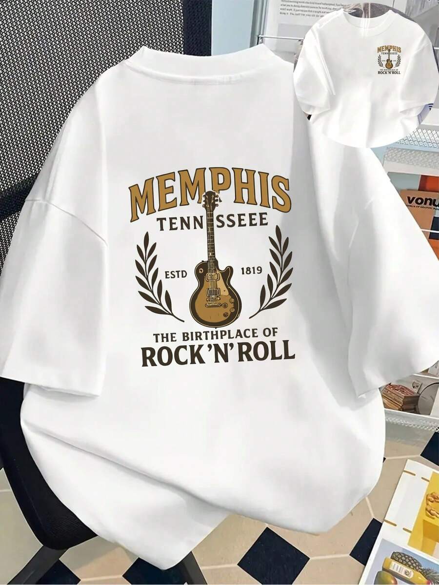 The Capital Of Rock 'n' Roll, The Birthplace Of Rock 'n' Roll, Presents A Fashionable Men's T-Shirt With A Double-Sided Print, Suitable For Home, Casual Daily Wear, And More. - 白色 - 查看 1