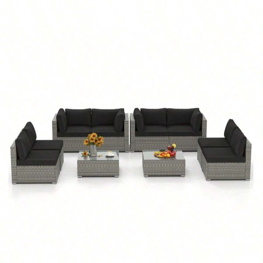 Set Of 10 Synthetic Rattan Sectional Sofas For Conversation - Black - View 1
