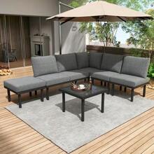 Juego de 6 tumbonas de jardín con estructura de hierro galvanizado, cuerda trenzada beige, patas ajustables y tablero de cristal liso. Incluye cojines para el asiento y el respaldo. - Gris - Ver 3