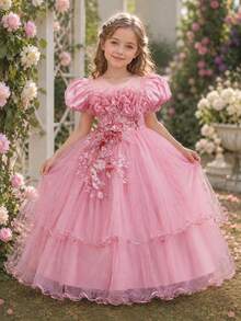 Young Girls Elegant Petal Sleeve Wedding Dress Princess Gown With Beaded Sequin 3D Floral Decor Fluffy Long Skirt, Suitable For Graduation Prom, Party Wear - Dusty Pink - View 2