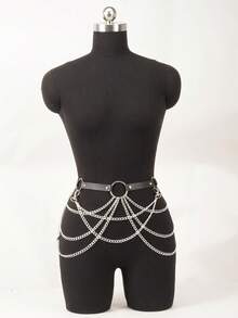 1 pieza Cinturón de cintura de cuero PU estilo punk gótico con cadena de metal multicapa, arnés corporal ajustable con anillo en O para cadera, accesorio para fiesta rave & atuendo de festival - Negro - Ver 1