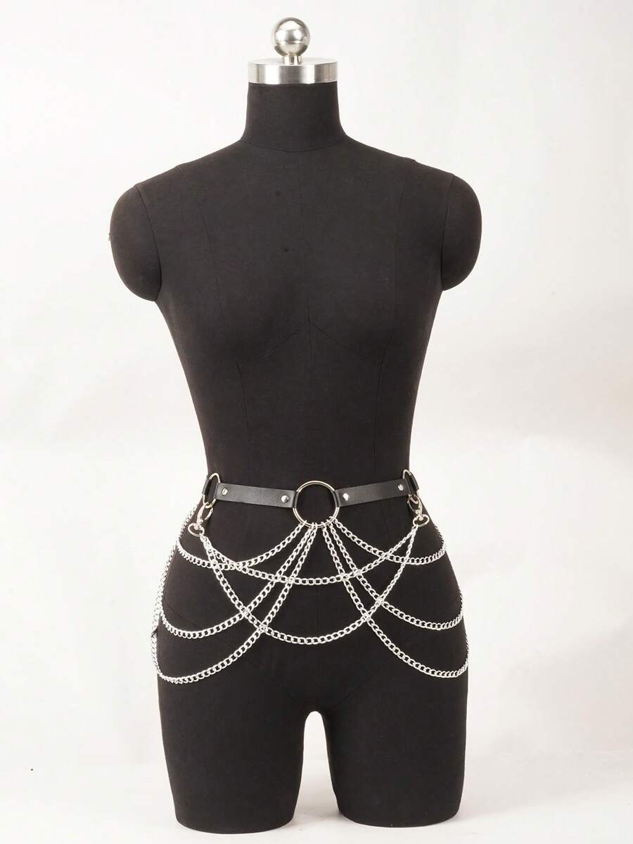 1 pieza Cinturón de cintura de cuero PU estilo punk gótico con cadena de metal multicapa, arnés corporal ajustable con anillo en O para cadera, accesorio para fiesta rave & atuendo de festival - Negro - Ver 1