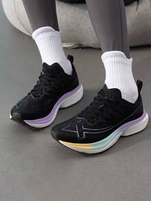 XTEP 3.0 One-Piece Molded Lightweight Breathable Women's Running Shoes, Road Running Shoes For Outdoor Long-Distance Running 875218110031 - Black/Electronic Green/Iris Purple - View 2