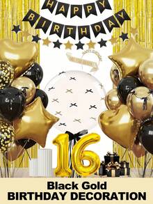 16th Birthday Black Gold Birthday Decorations For Women Girls, 57PCS Gold Black Balloons Happy Birthday Balloons Banner Heart Balloons Bow Bobo Balloons Fringe Curtains For Birthday Party Decoration Room Decor - 16歲生日 - 查看 1