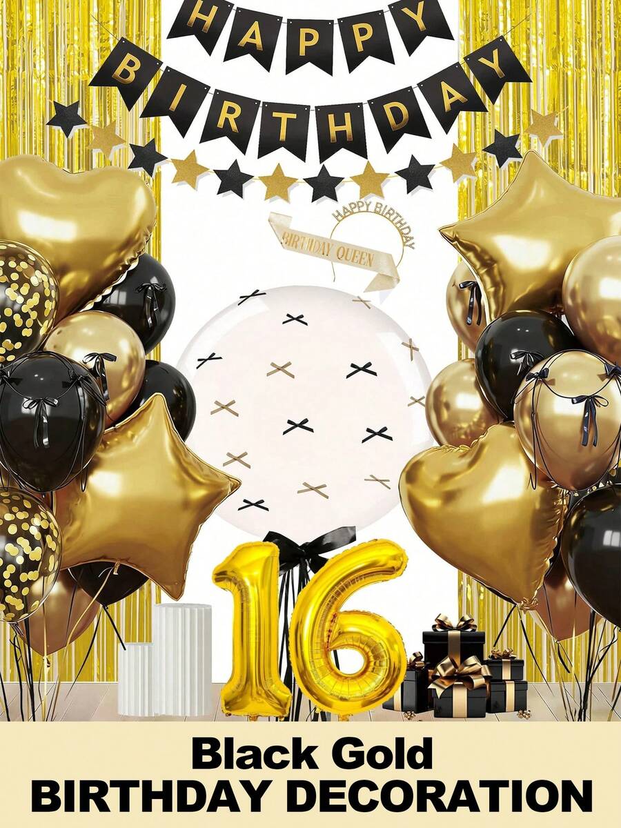 16th Birthday Black Gold Birthday Decorations For Women Girls, 57PCS Gold Black Balloons Happy Birthday Balloons Banner Heart Balloons Bow Bobo Balloons Fringe Curtains For Birthday Party Decoration Room Decor - 16歲生日 - 查看 1