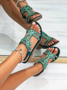 Women's Summer Vacation Style Sandals, Versatile Casual Bohemian Thick Sole Sandals, Beach Sandals Thick Sole Height-Increasing Sandals, Gentle Elegant Women's Sandals, Summer New Women's High Heel Sandals Breathable Comfortable Sandals Fashion Wedge Platform Sandals Simple Elegant Sandals, Women's Gladiator Sandals Bohemian Sandals Fashion Colorblock Sandals Women's Summer New Beach Essential Sandals - Green - View 6