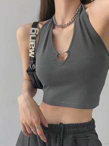 Camisola con cuello en V y corazón ahuecada para mujer, camisetas sin mangas con cuello Halter, camisola recortada ajustada con cordones a la moda de verano - Gris - Ver 15