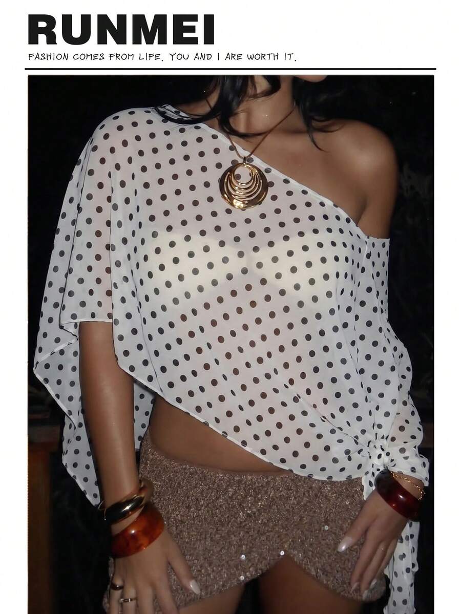 1 buah Syal Pendek Wanita Musim Panas Bahan Chiffon Motif Polkadot Hitam untuk Melindungi dari Sinar Matahari - Putih - View 1